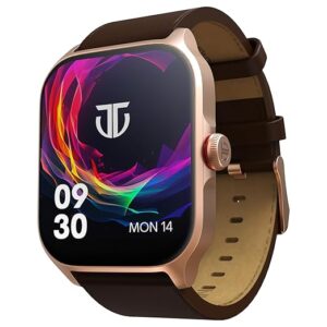 titan zeal 1.85" amoled metal case smart watch with bt calling, spo2, 100+ sports modes, auto sports recognition, fast charging smartwatch for men & women with – brown leather strap (rose gold)